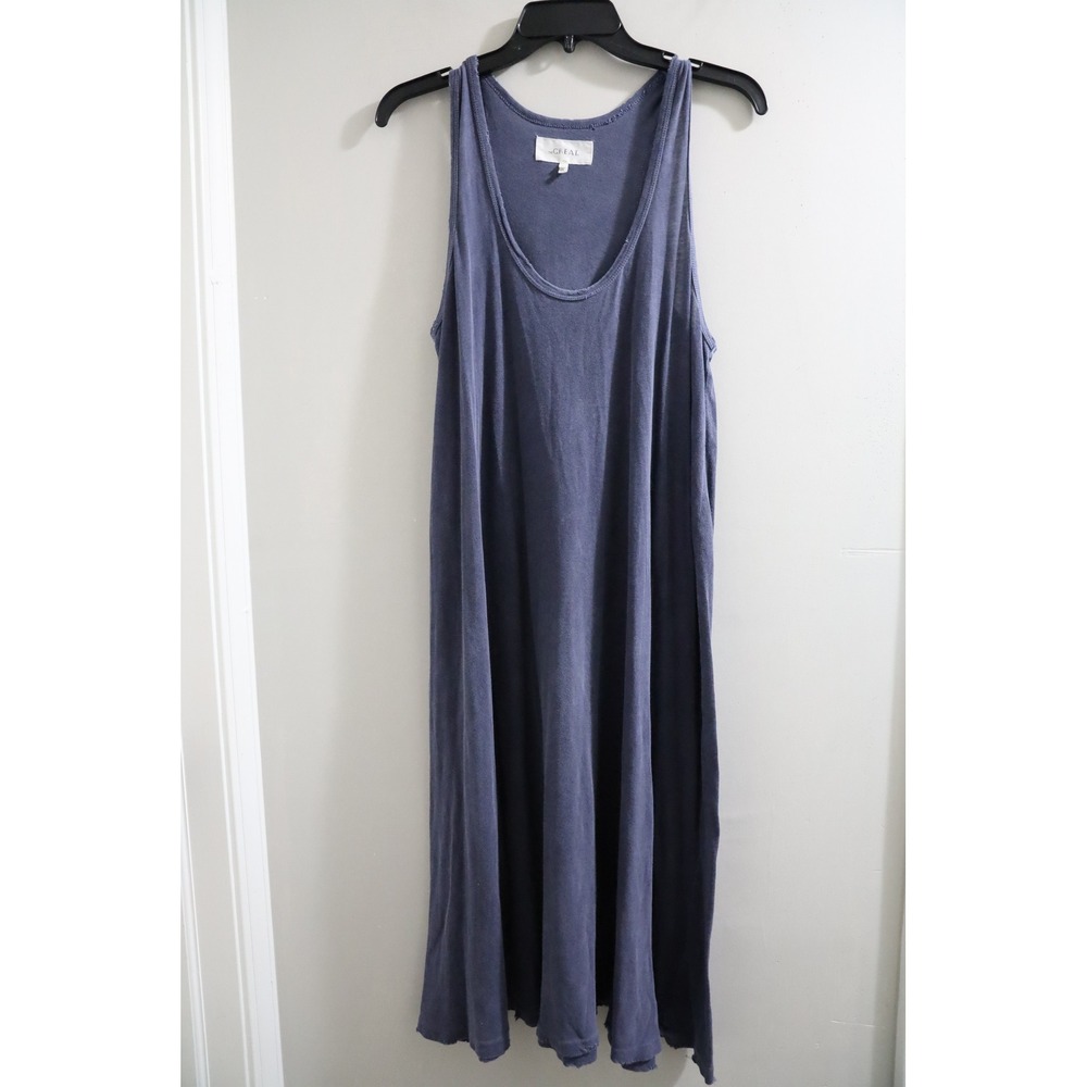 THE GREAT. Distressed‎ Cotton Trapeze Tank Dress Faded Indigo Blue Midi